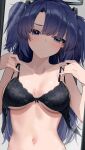  1girl absurdres black_bra blue_archive blush bra breasts halo highres long_hair looking_at_viewer medium_breasts mirror navel purple_eyes purple_hair reflection solo stomach two_side_up underwear underwear_only undone_bra upper_body very_long_hair wakamepiza yuuka_(blue_archive) 