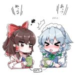  &gt;_&lt; 2girls arrow_(symbol) ascot blush bow bowtie braid brown_eyes brown_hair commentary_request cup detached_sleeves frilled_bow frilled_hair_tubes frills green_bow green_bowtie grey_hair hair_bow hair_tubes hakurei_reimu holding holding_cup izayoi_sakuya long_hair maid_headdress multiple_girls puffy_short_sleeves puffy_sleeves red_bow ribbon-trimmed_sleeves ribbon_trim short_sleeves squiggle tanikake_yoku tears tongue tongue_out touhou translated twin_braids wrist_cuffs yunomi 