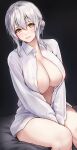  1girl between_legs black_background blush braid breasts collared_shirt commentary_request dress_shirt hair_between_eyes hand_between_legs highres huge_breasts long_sleeves looking_at_viewer naked_shirt on_bed open_clothes open_shirt original paid_reward_available shirt simple_background sitting solo toriatto_gununu unbuttoned white_hair yellow_eyes 