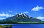  cloud commentary_request day forest hosoi_mikio lake mount_fuji mountain nature no_humans original outdoors plant reflection scenery sky traditional_media water_surface watercolor_(medium) 