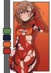  1girl absurdres alternate_costume bodysuit breasts brown_eyes brown_hair cosplay hand_up highres misaka_mikoto navel neon_genesis_evangelion pilot_suit plugsuit railtracer8888 red_bodysuit skin_tight small_breasts smile solo souryuu_asuka_langley souryuu_asuka_langley_(cosplay) toaru_kagaku_no_railgun toaru_majutsu_no_index torn_bodysuit torn_clothes 