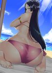  714_(leg200kr) ass barefoot beach bikini blue_eyes breasts commentary_request day fate_(series) feet large_breasts lens_flare looking_at_viewer looking_back minamoto_no_raikou_(fate/grand_order) minamoto_no_raikou_(swimsuit_lancer)_(fate) pink_bikini purple_hair sand shadow side-tie_bikini signature soles solo swimsuit toes umbrella 