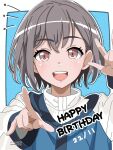  1girl artist_name bang_dream! bang_dream!_it&#039;s_mygo!!!!! blue_background blush border commentary dated english_commentary english_text grey_hair hand_up happy_birthday highres izami_md open_mouth outside_border pointing pointing_at_viewer red_eyes short_hair smile solo takamatsu_tomori teeth upper_body upper_teeth_only white_border 