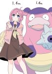  1girl :3 absurdres anyoji_hime blonde_hair blue_eyes blunt_bangs brown_dress closed_mouth commentary crossover dress feet_out_of_frame galarian_slowbro gradient_hair hair_intakes hasu_no_sora_school_uniform height highres index_finger_raised jacket link!_like!_love_live! long_hair long_sleeves looking_at_viewer love_live! medium_dress multi-tied_hair multicolored_hair nao_(70_pocky) neckerchief open_clothes open_jacket open_mouth pink_hair pink_jacket pleated_dress pointing pointing_at_viewer pokemon ponytail sailor_collar sailor_dress school_uniform sidelocks simple_background swept_bangs very_long_hair virtual_youtuber white_background white_sailor_collar winter_uniform yellow_neckerchief 