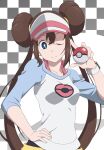  1girl ;) breasts bright_pupils brown_hair closed_mouth commentary_request double_bun eyelashes gensei00 hair_bun hand_on_own_hip hand_up highres holding holding_poke_ball long_hair one_eye_closed poke_ball poke_ball_(basic) pokemon pokemon_bw2 raglan_sleeves rosa_(pokemon) shirt smile solo twintails visor_cap white_pupils 