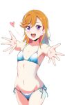  1girl bikini borgbutler breasts heart highres looking_at_viewer love_live! love_live!_superstar!! medium_hair navel orange_hair outstretched_arms purple_eyes shibuya_kanon small_breasts smile swimsuit 