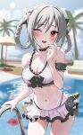  1girl bare_shoulders bikini black_choker blush bow braid braided_hair_rings breasts choker collarbone frilled_skirt frills grey_hair groin hair_bow highres idolmaster idolmaster_cinderella_girls kanzaki_ranko kono_(116) long_hair medium_breasts navel one_eye_closed open_mouth pool_ladder poolside purple_bikini red_eyes ribbon skirt smile solo swimsuit thighs twin_braids 