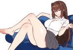  1girl aozaki_aoko barefoot blue_eyes breasts brown_hair collared_shirt couch crossed_legs ebora english_commentary grey_skirt hair_between_eyes hair_intakes highres large_breasts long_hair looking_at_viewer mahou_tsukai_no_yoru miniskirt on_couch parted_lips scowl shirt sitting skirt solo sweatdrop white_background white_shirt 