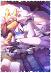  3_toes ambiguous_gender bed blush book bow clothing dress fur looking_at_viewer lucario maid_uniform mienshao nintendo paws pillow pok&eacute;mon purple_fur red_eyes spikes toes uniform video_games 绘c 