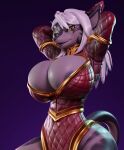  2024 2_horns anthro areola areola_slip big_breasts biped breasts cleavage clothed clothing connivingrat female gradient_background hair hands_behind_head hi_res horn huge_breasts looking_at_viewer mammal multicolored_body open_mouth simple_background skimpy smile smirk solo standing suggestive_look suggestive_pose tail white_hair y&#039;vraine_(londryx) yellow_eyes 