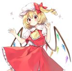  ascot bangs blonde_hair blush bow cheunes closed_mouth cowboy_shot eyebrows_visible_through_hair flandre_scarlet hat highres mob_cap red_bow red_eyes red_skirt short_sleeves side_ponytail simple_background skirt skirt_set solo sparkle touhou watery_eyes white_background white_hat 