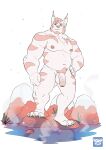  2022 absurd_res anthro balls belly biceps chest_tuft facial_hair feet felid feline flaccid forearm_muscles foreskin fur genitals goatee hand_on_hip hi_res hot_spring lomlynx lynx male mammal manly musclegut muscular navel nipples nude pecs penis pink_body pink_fur pink_stripes plant pubes rock sideburns simple_background slightly_chubby smile solo standing steam striped_body stripes triceps tuft vein veiny_penis water white_background 