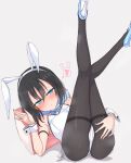  1girl animal_ears ass bare_shoulders black_hair black_pantyhose blue_bow blue_eyes blue_footwear blush bow breasts closed_mouth collar detached_collar fake_animal_ears feet_out_of_frame grey_background hair_between_eyes hairband hand_up high_heels layla_(mino) legs_up leotard looking_at_viewer lying nonono_(mino) on_back original pantyhose pillow playboy_bunny rabbit_ears ringed_eyes shoe_soles simple_background small_breasts solo spoken_squiggle squiggle strapless strapless_leotard sweat thighband_pantyhose white_collar white_hairband white_leotard wrist_cuffs 