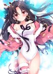  bangs bare_shoulders black_bow black_hair blush bow breasts closed_mouth collarbone crown earrings eyebrows_visible_through_hair fate/grand_order fate_(series) floating_hair fur_trim hair_bow hood hoodie hoop_earrings ishtar_(fate/grand_order) ishtar_(swimsuit_rider)_(fate) jewelry knee_up long_hair looking_at_viewer medium_breasts nogi_takayoshi one-piece_swimsuit open_clothes open_hoodie parted_bangs red_eyes ribbon shiny shiny_skin single_thighhigh smile solo swimsuit thighhighs white_swimsuit 
