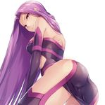  absurdres ass back bare_shoulders breasts fate/stay_night fate_(series) highres long_hair looking_at_viewer looking_back medium_breasts purple_eyes purple_hair rider shinon_(tokage_shuryou) simple_background smile solo very_long_hair white_background 