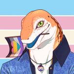  1:1 anthro blue_clothing blue_tongue blue_topwear bust_portrait clothed clothing flag_in_mouth front_view green_eyes jewelry lgbt_pride looking_at_viewer male necklace open_clothing open_mouth open_topwear orange_body portrait pride_color_flag pride_colors rayliicious scalie solo tongue topwear transgender_pride_colors white_body 