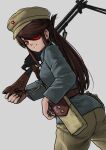  absurdres ammunition_pouch beidou_(genshin_impact) belt brown_hair chinese_civil_war commission earrings eyepatch genshin_impact gun highres jewelry kaibokan machine_gun magazine_(weapon) military_uniform pouch red_eyes single_earring type_99_light_machine_gun uniform weapon 