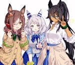  3girls alternate_costume alternate_hairstyle black_hair blue_eyes breasts brown_eyes brown_hair closed_mouth dark_skin expressionless fine_motion_(umamusume) green_eyes gyaru hair_ornament hairclip highres hishi_miracle_(umamusume) jewelry looking_at_viewer medium_breasts migolu multiple_girls necklace one_eye_closed open_mouth ponytail simple_background smile symboli_kris_s_(umamusume) umamusume v white_background 