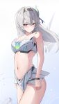  1girl absurdres bandeau barcode barcode_tattoo bare_arms bare_shoulders breasts cleavage commentary_request cowboy_shot firefly_(honkai:_star_rail) gradient_background grey_background grey_hair grey_hairband hair_ornament hairband highres honkai:_star_rail honkai_(series) long_sleeves looking_at_viewer midriff navel purple_eyes solo standing stomach strapless tattoo thighs tube_top white_background yeni1871 
