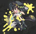  1girl ;d absurdres arm_up bare_shoulders black_dress black_footwear black_gloves black_hair bow-shaped_hair breasts callie_(splatoon) cross-shaped_pupils dress earrings fang food food_on_head full_body gloves highres inkling jewelry koike3582 long_hair medium_breasts neck_ring object_on_head one_eye_closed open_mouth paint_splatter pantyhose pointy_ears smile solo splatoon_(series) splatoon_3 strapless strapless_dress symbol-shaped_pupils tentacle_hair v very_long_hair white_pantyhose yellow_eyes 