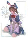  1boy alternate_costume animal_ears apron between_legs black_eyes bow bowtie brown_hair commission crossdressing doki_doki_literature_club elbow_gloves english_text enmaided frills full_body gloves hair_between_eyes hand_between_legs long_hair looking_at_viewer maid male_focus ponytail protagonist_(doki_doki_literature_club) puffy_short_sleeves puffy_sleeves rabbit_ears red_bow red_bowtie short_sleeves simple_background sitting skeb_commission solo sora_(efr) v_arms white_apron white_background white_gloves 