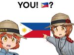  1boy 1girl :3 blush boots brown_eyes brown_hair cabo-chan_(tanuki_kobayashi) coat_of_arms coat_of_arms_(philippines) epaulettes grey_jacket hat highres holding jacket long_sleeves meme military military_uniform nose_blush orange_hair original philippine_flag philippines pointing ponytail short_hair sidelocks simple_background straw_hat tanuki_kobayashi thick_eyebrows two_soyjaks_pointing_(meme) uniform white_background yellow_eyes 