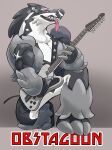 2019 anthro black_body black_fur digital_media_(artwork) electric_guitar full-length_portrait fur generation_8_pokemon geppei5959 grey_background grey_body grey_fur guitar hi_res holding_guitar holding_musical_instrument holding_object multicolored_body multicolored_fur musical_instrument nintendo obstagoon pink_tongue plucked_string_instrument pokemon pokemon_(species) portrait red_sclera red_text simple_background smile solo string_instrument teeth text tongue tongue_out white_body white_fur x_marking