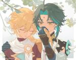  2boys aether_(genshin_impact) ahoge aqua_hair armor black_hair blonde_hair blue_gloves border braid branch brown_shirt closed_eyes closed_mouth covered_mouth detached_sleeves facial_mark forehead_mark genshin_impact gloves gold_trim gradient_background grey_background hair_between_eyes hand_on_another&#039;s_shoulder hands_up highres holding holding_hair jewelry leaf long_hair long_sleeves looking_at_another male_focus mandarin_collar multicolored_hair multiple_boys necklace outside_border pearl_necklace pveaxy1iikf1y9l scarf shirt short_hair short_sleeves shoulder_armor sidelocks simple_background single_bare_shoulder single_detached_sleeve sleeveless sleeveless_shirt tassel two-tone_hair upper_body white_border white_scarf white_shirt wide_sleeves xiao_(genshin_impact) yaoi yellow_eyes 