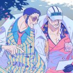  2boys bara black_hair borsalino_(kizaru) coat doodlz1p facial_hair long_sideburns male_focus mature_male multiple_boys one_piece pectoral_cleavage pectorals pointing sakazuki_(akainu) short_hair sideburns smile stubble suit sunglasses wrinkled_skin yaoi 