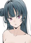  1girl absurdres blue_hair blunt_bangs collarbone commentary_request completely_nude hair_bun highres long_hair looking_at_viewer love_live! love_live!_sunshine!! nude parted_lips portrait purple_eyes sidelocks single_side_bun solo tommer tsushima_yoshiko upper_body white_background 