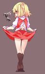  black_panties blonde_hair flandre_scarlet full_body lifted_by_self looking_at_viewer miniskirt panties pantyshot pantyshot_(standing) puffy_short_sleeves puffy_sleeves red_eyes red_skirt shamo_(koumakantv) short_sleeves simple_background skirt skirt_lift skirt_set solo standing tongue tongue_out touhou underwear vest wrist_cuffs 