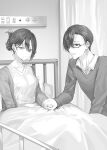  1boy 1girl bed breasts closed_mouth collarbone collared_shirt commentary_request frown furrowed_brow greyscale hair_between_eyes hair_over_one_eye highres holding_hands hospital_bed kuze_kyoutarou looking_at_another looking_at_viewer momoko_(momopoco) monochrome parted_lips second-party_source shirt short_hair sitting suou_yumi tokidoki_bosotto_roshia-go_de_dereru_tonari_no_arya-san wing_collar 
