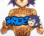  1girl asian censored estyy gorillaz leotard noodle_(gorillaz) purple_hair simple_background smile text tongue torn_clothes wink 