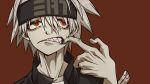  1boy black_jacket collared_jacket gums hasda high_collar highres jacket mouth_pull red_background red_eyes ringed_eyes sharp_teeth shirt solo soul_eater soul_evans sweatband teeth white_hair white_shirt 