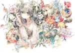  1girl ass brown_eyes flower grey_hair highres kazuka leaf long_hair long_sleeves looking_at_viewer mortar_(bowl) original painting_(medium) plant shell shirt solo traditional_media upper_body watercolor_(medium) white_background white_shirt 