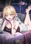  1girl ame_(uten_cancel) ass barefoot black_camisole blonde_hair blue_nails bookshelf breasts camisole city_lights cleavage couch curtains fangs feet fingernails green_eyes green_shorts hair_ornament hairclip highres indoors kurumi_noah large_breasts long_fingernails looking_at_viewer lying medium_hair multicolored_hair nail_polish night official_alternate_costume on_couch on_stomach open_mouth purple_hair shorts sky smile soles solo star_(sky) starry_sky strap_slip stuffed_animal stuffed_toy teddy_bear teddy_bear_hair_ornament teeth the_pose thighs toes tongue two-tone_hair v vspo! window 