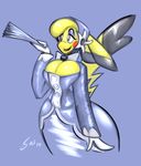  anthro big_breasts blonde_hair breasts cleft_tail clothing cosplay_pikachu dress female fur gloves hair hat hi_res mammal nintendo pikachu pikachu_belle pok&eacute;mon rodent saliant smile solo video_games wide_hips yellow_fur 