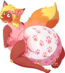 2017 absurd_res alpha_channel ambiguous_gender anthro blonde_hair blush bow clothing crop_top diaper feline fur girly green_eyes hair hi_res hybrid hyper_diaper kneeling looking_at_viewer mammal paws rear_view red_fur shirt solo tutu weewizzylizzy 