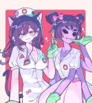  2girls :3 absurdres animal_ears arthropod_girl bandaid bandaid_on_knee bandaid_on_leg bandaid_on_neck black_eyes black_hair bow breasts cat_ears cat_girl cat_tail cleavage closed_mouth collarbone extra_arms extra_ears fang fang_out gloves green_gloves hat highres holding holding_syringe kemonomimi_mode large_breasts latex latex_gloves long_hair looking_at_viewer mari_(faraway)_(omori) mari_(omori) mechafrshrimp muffet multiple_girls nurse_cap omori pink_bow pink_hair short_hair short_sleeves something_(omori) spider_girl syringe tail undertale 