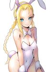  1girl animal_ears blonde_hair blue_eyes braid cammy_white detached_collar fake_animal_ears highleg highleg_leotard highres leotard long_hair looking_at_viewer meke_(77842928) playboy_bunny rabbit_ears rabbit_tail scar scar_on_cheek scar_on_face solo strapless strapless_leotard street_fighter tail twin_braids wrist_cuffs 