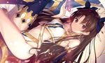  asymmetrical_legwear asymmetrical_sleeves bare_shoulders breasts brown_hair closed_mouth crown earrings fate/grand_order fate_(series) glint glowing hair_ribbon head_tilt heavenly_boat_maanna hoop_earrings ishtar_(fate/grand_order) jewelry knee_up long_hair long_legs looking_at_viewer medium_breasts navel navy_blue_legwear necomi pelvic_curtain red_eyes ribbon single_thighhigh smile thighhighs thighs two_side_up 
