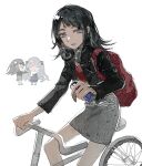  2girls backpack bag bang_dream! bang_dream!_it&#039;s_mygo!!!!! bicycle black_hair black_jacket black_ribbon blue_eyes blue_hair breath can closed_eyes commentary grey_skirt hair_ribbon hashtag-only_commentary headphones headphones_around_neck highres holding holding_can jacket long_hair long_sleeves looking_at_viewer multiple_girls open_clothes open_jacket parted_lips red_shirt reiboubyou ribbon riding riding_bicycle scarf shirt simple_background skirt togawa_sakiko white_background white_scarf yahata_umiri 
