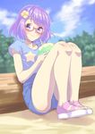  aikatsu_stars! bench blush nanakura_koharu purple_hair shirt short_hair shorts smile violet_eyes 