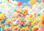  1girl atelier_umiyury balloon blue_sky brown_hair closed_eyes cloud cloudy_sky commentary day dress facing_viewer field flower flower_field green_dress hat hat_flower highres holding light_smile long_hair long_sleeves original outdoors petals phonograph plant signature sky solo sunflower wind yellow_flower 