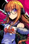  1girl adamusuki_(user_aahn7557) ahoge bare_shoulders behind-the-head_headphones black-framed_eyewear blunt_bangs collarbone fur-trimmed_jacket fur_trim glasses headphones jacket long_hair looking_at_viewer off-shoulder_jacket off_shoulder orange_hair persona persona_5 purple_eyes red_background sakura_futaba solo upper_body 