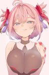  1girl :p blue_eyes blue_hair breasts bright_pupils chichiri commentary_request draph granblue_fantasy horns huge_breasts kohaku_q long_hair looking_at_viewer multicolored_hair pink_background pink_hair red_horns short_hair simple_background solo tongue tongue_out two-tone_hair two_side_up upper_body white_pupils 