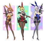  3girls ahoge animal_ears arm_pouch assault_rifle belt belt_pouch blonde_hair bow bowtie bracelet breasts brown_eyes brown_hair buckle collarbone covered_navel detached_collar fake_animal_ears fake_tail full_body green_eyes gun headset high_heels hk33 holster jewelry large_breasts leotard long_hair magazine_(weapon) medium_breasts multiple_girls necktie original pantyhose playboy_bunny ponytail pouch rabbit_ears rabbit_tail red_eyes rifle shoulder_tattoo snap-fit_buckle strapless strapless_leotard tactical_playboy_bunny tail tattoo thigh_holster thigh_pouch trigger_discipline two_side_up utility_belt weapon weapon_request white_hair wrist_cuffs 