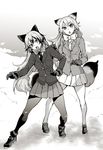  animal_ears blazer bonkara_(sokuseki_maou) bow breasts commentary ezo_red_fox_(kemono_friends) fang fox_ears fox_tail full_body fur_trim gloves greyscale hair_between_eyes hand_on_another's_shoulder jacket kemono_friends long_hair long_sleeves medium_breasts monochrome multiple_girls necktie open_mouth pantyhose pleated_skirt shoes silver_fox_(kemono_friends) skirt snow standing tail 