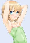 armpits bad_id bad_pixiv_id bangs bare_arms bare_shoulders blonde_hair blue_background blue_eyes camisole casual commentary_request covered_nipples eyebrows_visible_through_hair fang flat_chest girls_und_panzer green_shirt highres itou_ayachi katyusha looking_at_viewer open_mouth shirt short_hair sleeveless smile solo spaghetti_strap standing sweat 