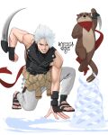  1boy animal arm_blade bare_shoulders brown_hair chipp_zanuff dodomezaki grey_hair guilty_gear guilty_gear_strive highres holding ninja otter pants red_scarf scarf sea_otter shirt sleeveless sleeveless_shirt smile twitter_username weapon white_hair white_pants xenosweater 